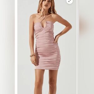 NWT ASTR the Label Pink MERIDA RUCHED HALTER NECK MINI DRESS  size S